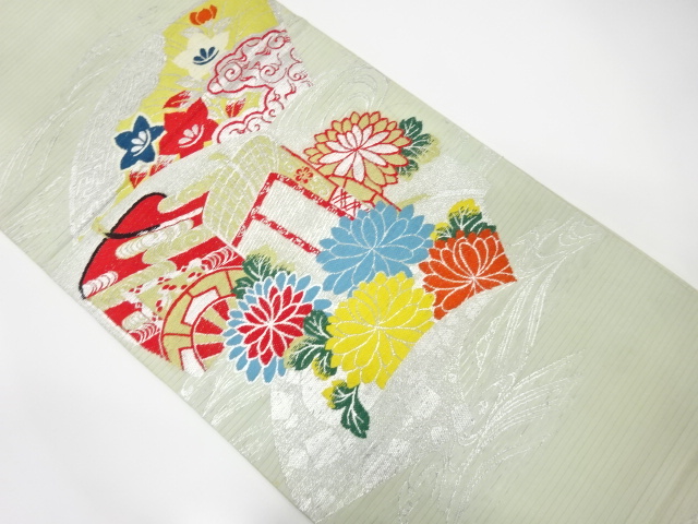 JAPANESE KIMONO / ANTIQUE MARU OBI / WOVEN JIGAMI & CARRIAGE & FLOWERS